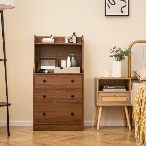 LDAILY Moccha 3 Drawers Dresser with Shelf, Modern Dresser Tower with 2 Open Shelves, Chest of Drawers with Anti-toppling Device, Tall Storage Dresser Nightstand, Living Room, Walnut - color: Walnut