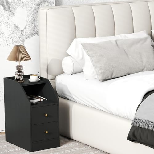 KOMFOTT Set of 2 Side Tables with Charging Station, End Tables with Storage Drawers, Sofa Couch Tables for Small Space, Modern Narrow Nightstands for Bedroom (Black,2) - color: Black