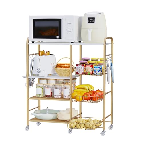 HapiRm Rolling Kitchen Microwave Cart - 4 Tier Microwave Table Stand with Pull-Out Baskets, Coffee Bar Baker's Rack with Wheels Rolling Storage Cart Organizer Shelf for Living Room Office, Balcony - color: Gold