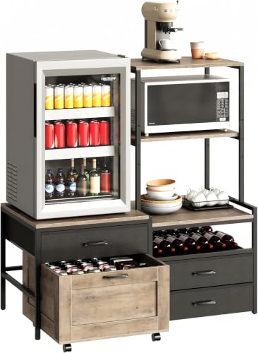 Herture Mini Fridge Stand with Wine Rack, Kitchen Bakers Rack with Power Outlet, Microwave Oven Stand, Coffee Bar, Movable Drawers, for Dorm,Office, Grey HB04BXZ - color: Griege