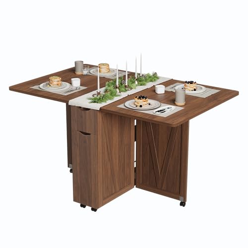 Garvee Folding Dining Table with Storage, Folding Kitchen Table with 6 Wheels, Drawer & Shelves, Compact Dining Table for Small Spaces - color: Brown
