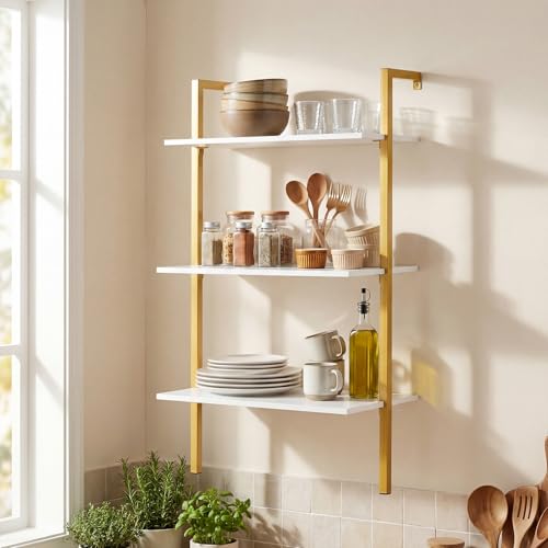 Giantex Ladder Shelf, 3-Tier Wood Wall Mounted Bookshelf with Metal Frame, Modern Open Storage Rack and Display Shelves, Wooden Floating Shelving Unit for Living Room, Home Office (Gold+White)