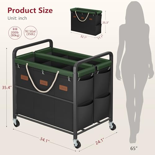 350L Extra Large Laundry Cart, Laundry Hamper 6 Section, Black | Large Capacity, Heavy Duty Lockable Wheels, Sturdy Metal Frame, Leather Patchwork, Removable Bags - color: Black, size: 6 Bag 350L