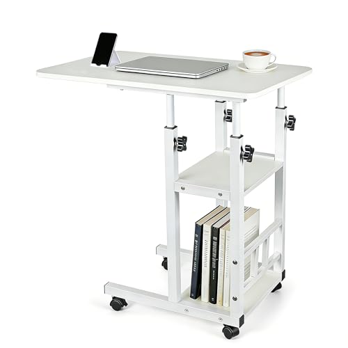 Adjustable C Table,Over Bed Table with Wheels,Rolling Side Table, Over Bed Table with Wheels, Bedside Table, for Sofa Side Small Space, Stable Multi Storage Desk (White) - color: White