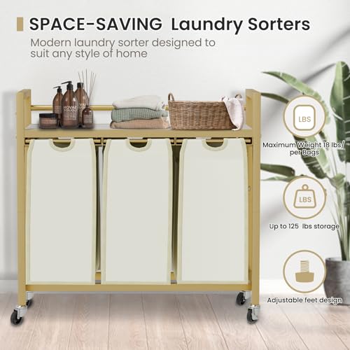 SwaaVee Laundry Sorter, Laundry Hamper 3 Section, 3×11.4Gal, Metal Frame Rolling Laundry Basket with Wooden Top Shelf, Pull out and Removable Laundry Bags, 3 Bags-Golden - color: Gold