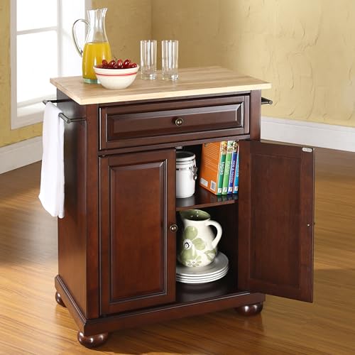 Crosley Furniture Alexandria Wood Top Small Portable Rolling Kitchen Island Storage Cart, Microwave Stand, Mahogany - color: Mahogany, style: Natural Wood Top