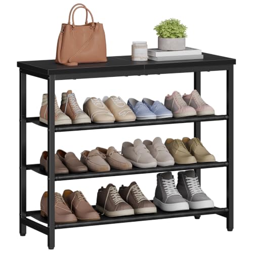 HOOBRO Shoe Rack with 3 PU Shelves, 4-Tier Shoe Storage Organizer for Closet and Entryway, Holds 9-12 Pairs of Shoes, Sturdy Metal Frame, Small Spaces, Rustic Brown and Black BF94XJ01