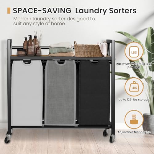 SwaaVee Laundry Sorter, Laundry Hamper 3 Section, 3×11.4Gal, Metal Frame Rolling Laundry Basket with Wooden Top Shelf, Pull out and Removable Laundry Bags, 3 Bags-Black Grey White - color: Black-Grey