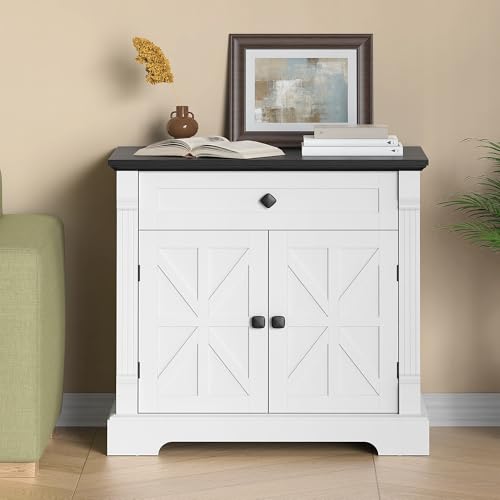 Farmhouse Printer Stand with Storage, 29.9" Wide Home Office Printer Cabinet with Drawer & Barn Doors, Wood Accent Cabinet Nightstand End Table for Living Room Bedroom, Black Top & White Finish
