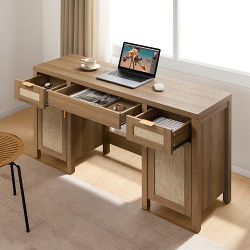 SICOTAS Rattan Vanity Home Office Desk 52" Vanity Table with 3 Drawers | Farmhouse Boho Makeup Vanity Dressing Table with Large Storage, Vanities Desk for Makeup Room, Bedroom, Office - size: 1 Piece, style: Reclaimed Caramel Oak