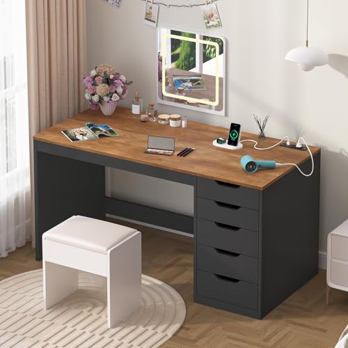 YOMILUVE 47 Inch Computer Desk with 5 Drawers and Power Outlets, Home Office Desks with Storage File Cabinet, Modern Simple Laptop Desk Writing Table for Small Spaces, Brown and Black - color: Brown and Black