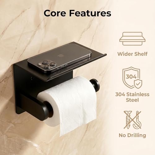 Stainless Steel Wall Mounted Toilet Paper Holder with Phone Stand - Bathroom Accessory for Mega Rolls (Matte Black)