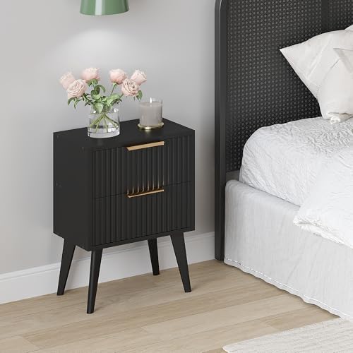 YAUKOMEL Black Nightstand,Mid Century Modern Bedside Table, Fluted Nightstand with 2 Drawers,Side Table with Wood Legs, End Table for Bedroom,Apartment,Dormitory,Small Space Black CTG55BK - color: Black, style: Fluted Style