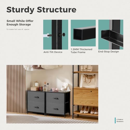 Grey Nightstand with Two Drawer Side Tables Living Room 2 Drawer Dresser Bedroom End Bedside Table Cabinet with Storage Night Stand, Wooden Top Metal Frame Handle, 20'' Tall