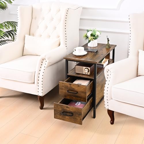 Livofloral Side Tables with Charging Station, Narrow End Table with 2 Wooden Drawers, USB Ports and Power Outlets, Narrow Nightstand and Bedside Table, Side Tables Living Room, Bedroom, Brown - color: Brown