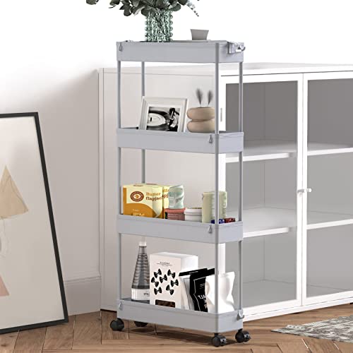 SPACELEAD Slim Storage Cart 4 Tier,Bathroom Organizer Rolling Utility,Mobile Shelving Unit Slide Out for Office, Kitchen, Laundry Room & Narrow Places,Gray - color: Gray