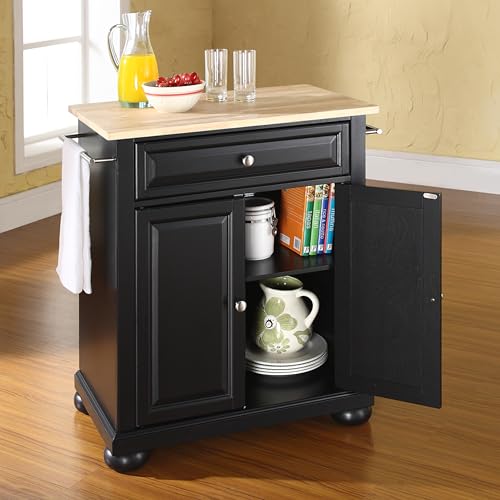 Crosley Furniture Alexandria Wood Top Small Portable Rolling Kitchen Island Storage Cart, Microwave Stand, Black - color: Black, style: Natural Wood Top