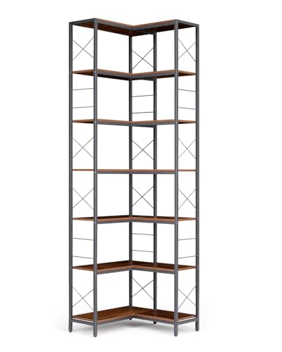 Garvee Corner Shelf, 7 Tier Industrial Corner Bookshelf, Wood and Metal Frame Large Bookcase, Freestanding Display Shelf for Living Room, Kitchen, Home Office, Rustic Brown