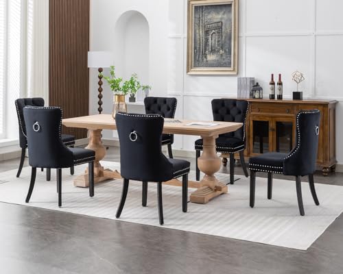 KCC Velvet Dining Chairs Set of 2, Upholstered High-end Tufted Dining Room Chair with Nailhead Back Ring Pull Trim Solid Wood Legs, Nikki Collection Modern Style for Kitchen, Black - color: Black, size: Set of 2