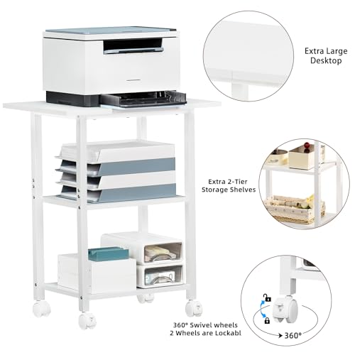 Lerliuo 3-Tier Printer Stand, Industrial Mobile Printer Table with Storage Shelf and Steel Frame, Rolling Printer Cart Holder with Lockable Wheels for Home, Office (White) | White Mobile Printer Cart Holder for Home Office, Lockable Wheels, Open Storage S