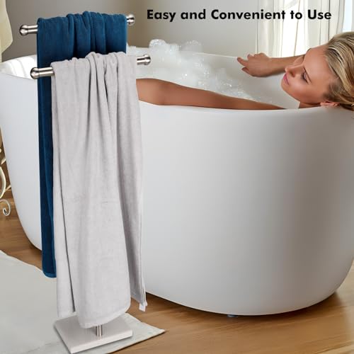 WAYDELI Standing Towel Rack Double-T Shape Tall Bath Towel Sheet Holder with Marble Design Base for Bathroom 2 Tier Towel Holder Stand Stainless Steel (Brushed Nickel) - color: Brushed Nickel
