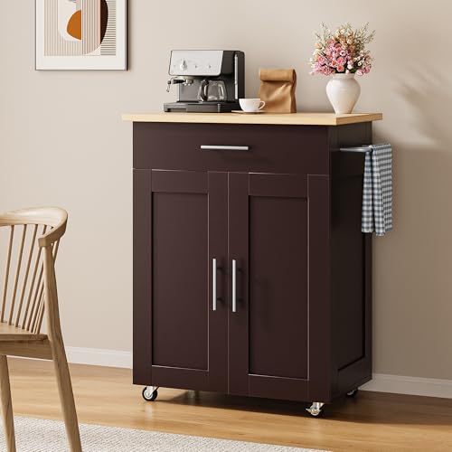 Mobile Kitchen Island on Wheels, Large Drawer, Dark Coffee | On Wheels, Large Drawer, Adjustable Shelf, Towel Rack, Rolling Island Table,for Kitchen & Dining Room - size: Small Kitchen Island, style: Modern Dark Coffee