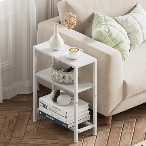 Narrow Side Table Set of 2 for Small Space, 2-Tier Small End Table with Shelf Holder, Slim Nightstand, Skinny Snack Couch Table in Living Room, Bedroom, Study, Kitchen and Balcony (White) - color: White