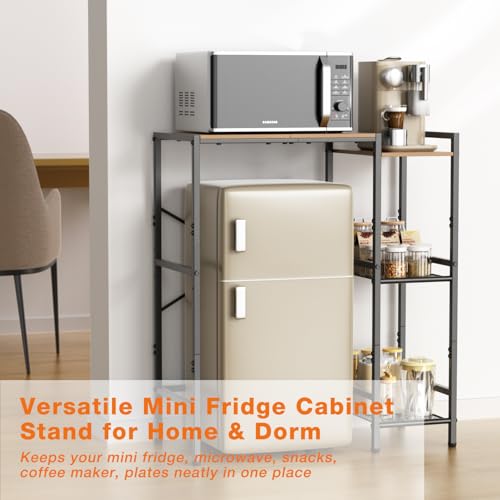 Mini Fridge Stand with Storage Shelves, Heavy Duty Metal Mini Fridge Stand 3-Tier Fridge Cabinet Baker Rack for Microwave Coffee Maker, Dorm,Kitchen, Apartment, 33.4Wx15.7Dx37.2H, Brown