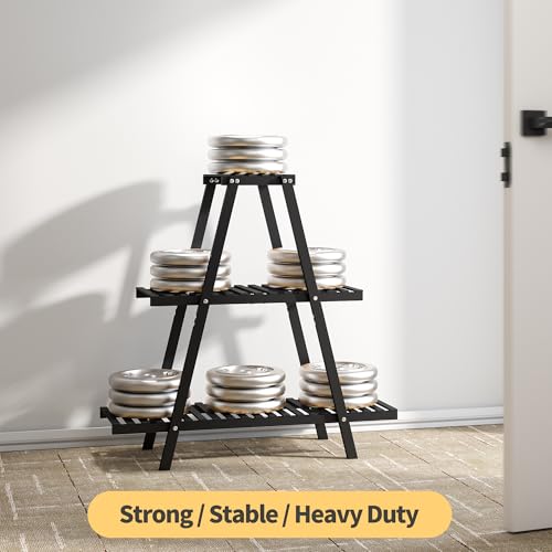 Bamboo Plant Stand Indoor/Outdoor, 3-Tier, Black, Rectangular, 8 Potted Flower Holder Ladder Plant Rack - color: Black