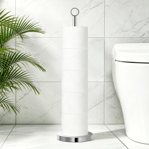 TACGEA Toilet Paper Holder Stand(with Reserve Function), Free-Standing Spare Rolls Storage Holder, Stainless Steel - color: Silver (With Top Ring)