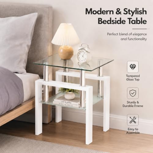 Meihua Glass End Table, Square Glass Side Table, 2-Tier Modern Nightstand with Metal Legs for Living Room&Bedroom (White, 2pcs) - color: White, size: 2pcs