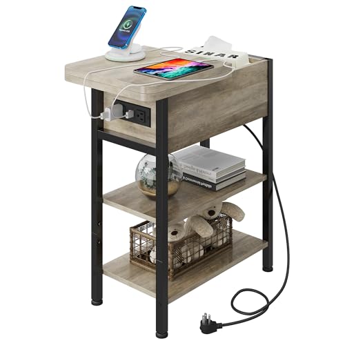 WLIVE 3-Tier End Table with Charging Station, Flip Top Narrow Side Table with Storage Shelf, Small Nightstand with USB Ports and Outlets,Bedside Table for Living Room, Bedroom - color: Greige
