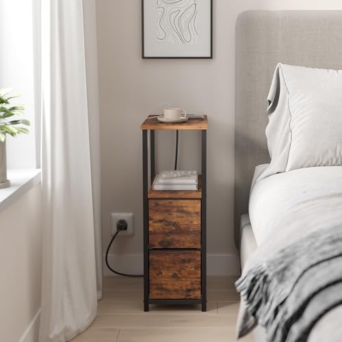 TUTOTAK Small Narrow LED End Table with Charging Station, Side Table Outlets, Nightstand with 2 Cloth Drawers, Set of 2, Couch Table, for Living Room, Bedroom, Bedside, Brown TB01BB056 - color: Brown, style: 2 Drawers with Plug & Light