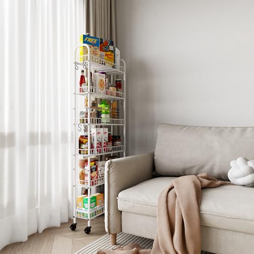 6 Tier Slim Rolling Storage Cart with Wheels, Metal Mobile Shelving Unit Organizer Utility Cart for Office Bathroom Kitchen Laundry Room Narrow Places (White 6 Inches) - size: White 6 Inches