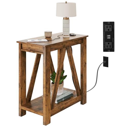 WLIVE Farmhouse End Table, Narrow Side Table with Charging Station, Slim End Table, Side Table for Bedroom, Living Room, Small Spaces, 2 USB and 2 Power Outlets, Rustic Brown - color: Rustic Brown