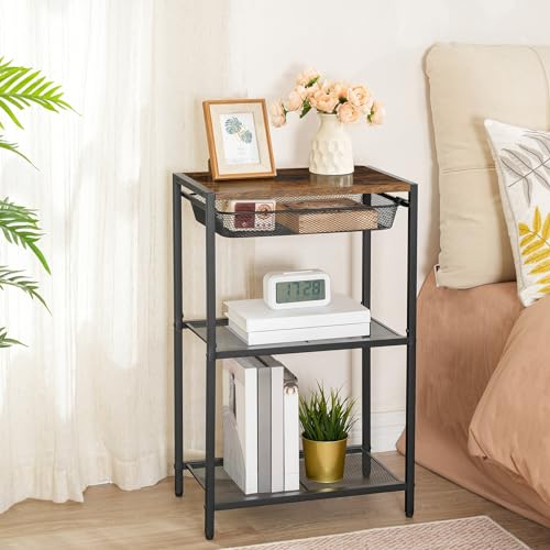 HOOBRO 28.7 Inch Tall Side Table, 3-Tier Industrial Telephone End Table with Adjustable Metal Mesh Basket, Desk Side Table with Storage Shelves, for Living Room, Bedroom, Rustic Brown BF06DH01 - color: Rustic Brown + Black