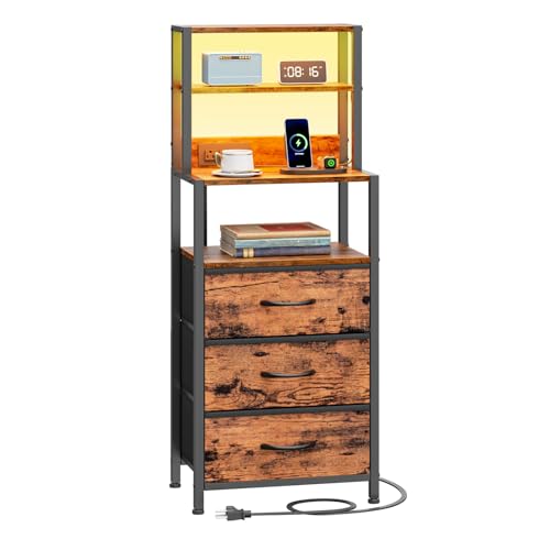 Night Stand with Charging Station, Tall Nightstand, LED Lights | 4-Tier Shelves and 3 Fabric Drawers, Bedside Table for Bedroom, Hallway, Office, Rustic Brown - color: Rustic Brown, size: 3 Drawer