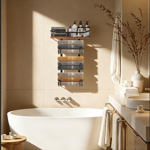 NearMoon Towel Rack with Wooden Shelf, All Metal Rustproof Towel Organizer Holder for Bathroom Storage, Wall Mounted (1 Pack, Matte Black)