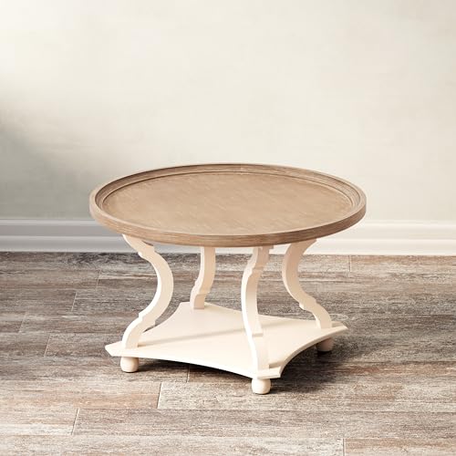 COZAYH Coffee Table - Round Farmhouse Coffee Table - Wood Tray Top, White | 32 in Diameter, 20 in Height, Lower Shelf Storage, Raised Edge, Curved Legs, MDF Construction, 50 lb Capacity - size: 1-Pack Coffee Table