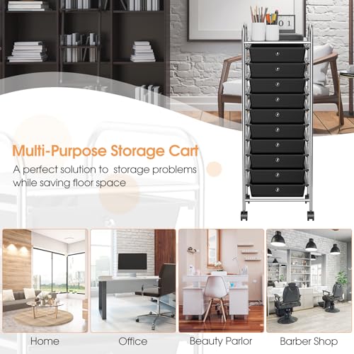 DREAMADE Rolling Cart with Storage Drawers, Utility Cart with Removable Plastic Drawers, Lockable Wheels, Art Cart for Classroom Organization Art Supplies Office Scrapbook (10 Drawers, Black) - color: Black, style: 10 Drawers