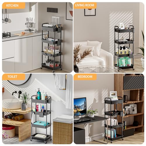 4 Tier Rolling Utility Cart with Drawer,REBECAT Utility Cart Made of Multifunctional Storage Organizer Tool for Kitchen,Bathroom,Living Room,Office(Black) - color: Black