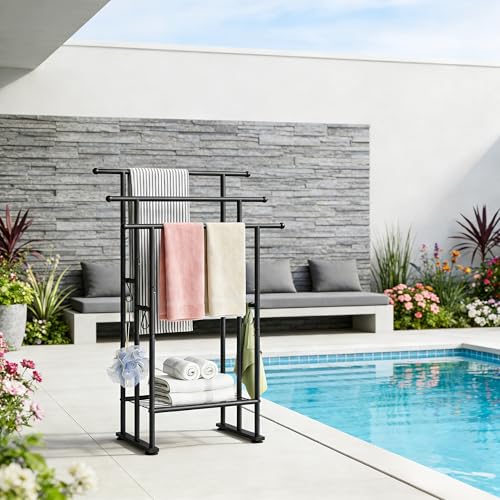 ELYKEN 3 Tier Standing Towel Rack, 40'' Tall Towel Drying Rack Outdoor, Freestanding Floor Towel Rack with Shelf, Pool Towel Blanket Stand, Metal Towel Racks for Bathroom freestanding, Matte Black - color: Black