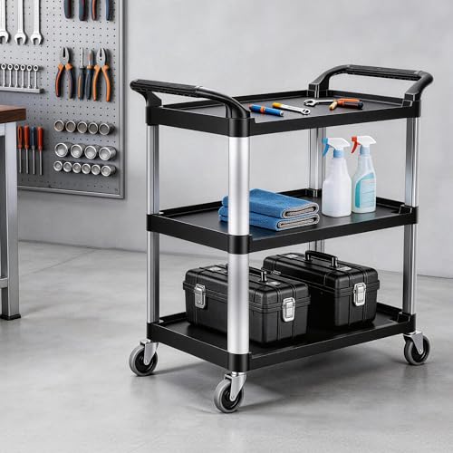 Matthew 3 Tier Rolling Utility Cart with Wheels, 440 lbs Heavy Duty Service Cart with Aluminum Frame, Durable Shelves, 37.8" x 19.7" x 37.8" for Garage, Warehouse, Kitchen and Office