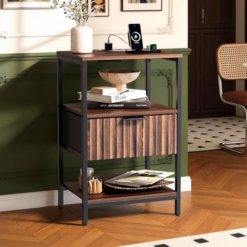 VINGLI Nightstand with Charging Station and Fabric Drawer, Walnut Nightstand Fluted with Drawer, Bedside Table/End Table with Charger Station, Side Table Bedroom, Small Night Stand Dark Walnut, 1 pc - color: Walnut, size: 15"W-1 Drawer 2 Shelf