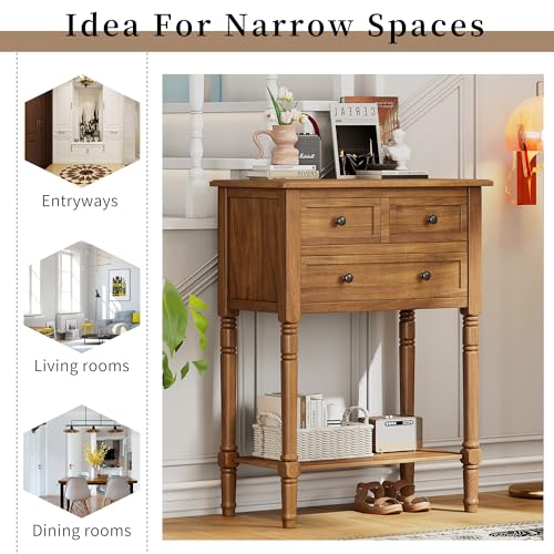 P PURLOVE Antique Narrow Console Table,Slim Sofa Entry Table with 3 Storage Drawer for Living Room,Entryway - color: Natural