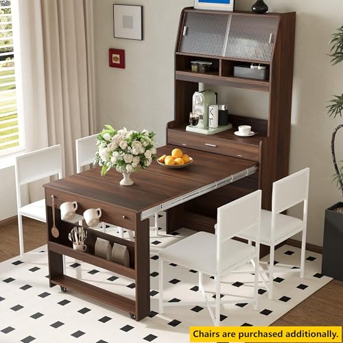 Spaco 2-in-1 Folding Dining Table and Buffet Cabinet Set,Compact Pull-Out Kitchen Table with Wheels,Storage Shelf and Side Hooks,Multifunctional Cupboard for Small Place (Walnut) - color: Walnut
