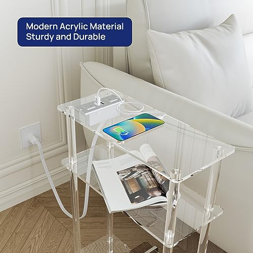HMYHUM Acrylic Narrow Side Table with Charging Station, 7" Width, 3 Tier Small End Table for Small Spaces, Skinny Nightstand/Bedside Table with USB Ports & Outlet, Clear - size: 3-tier