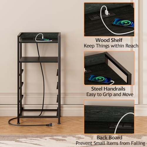 Furnulem Night Stand with Charging Station, Black Nightstand with Drawers and Led Light, Tall Dresser for Bedroom, Bedside Table with Fabric Storage Bins, Metal Frame, Wood Furniture - color: Black Oak