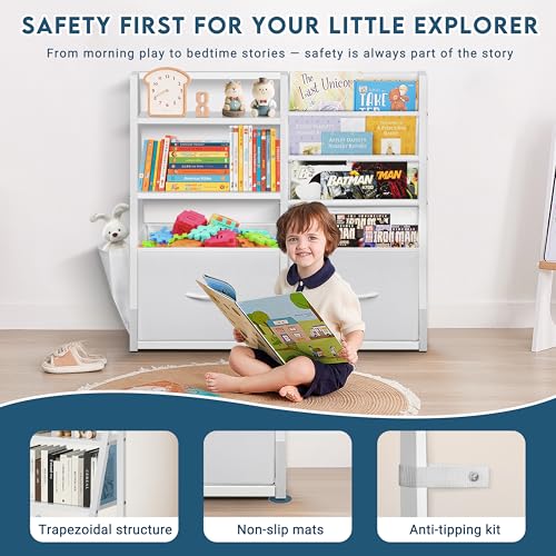 LOFTEY Kids Bookshelf and Toy Storage, Toy Box with Bookshelf, White | 29.5" Child-Friendly Height, 2 Large Fabric Drawers, 4 Sling Book Pockets, Anti-Tip Straps, for Nursery, Bedroom and Playroom