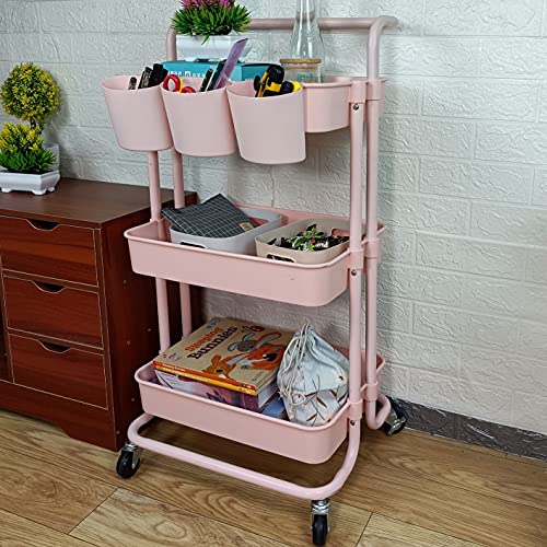 3 Tier Utility Rolling Cart Storage Organizer Shelf Rack with 6PCS Hanging Cups for Home Office Kitchen Bathroom Storage (Pink)